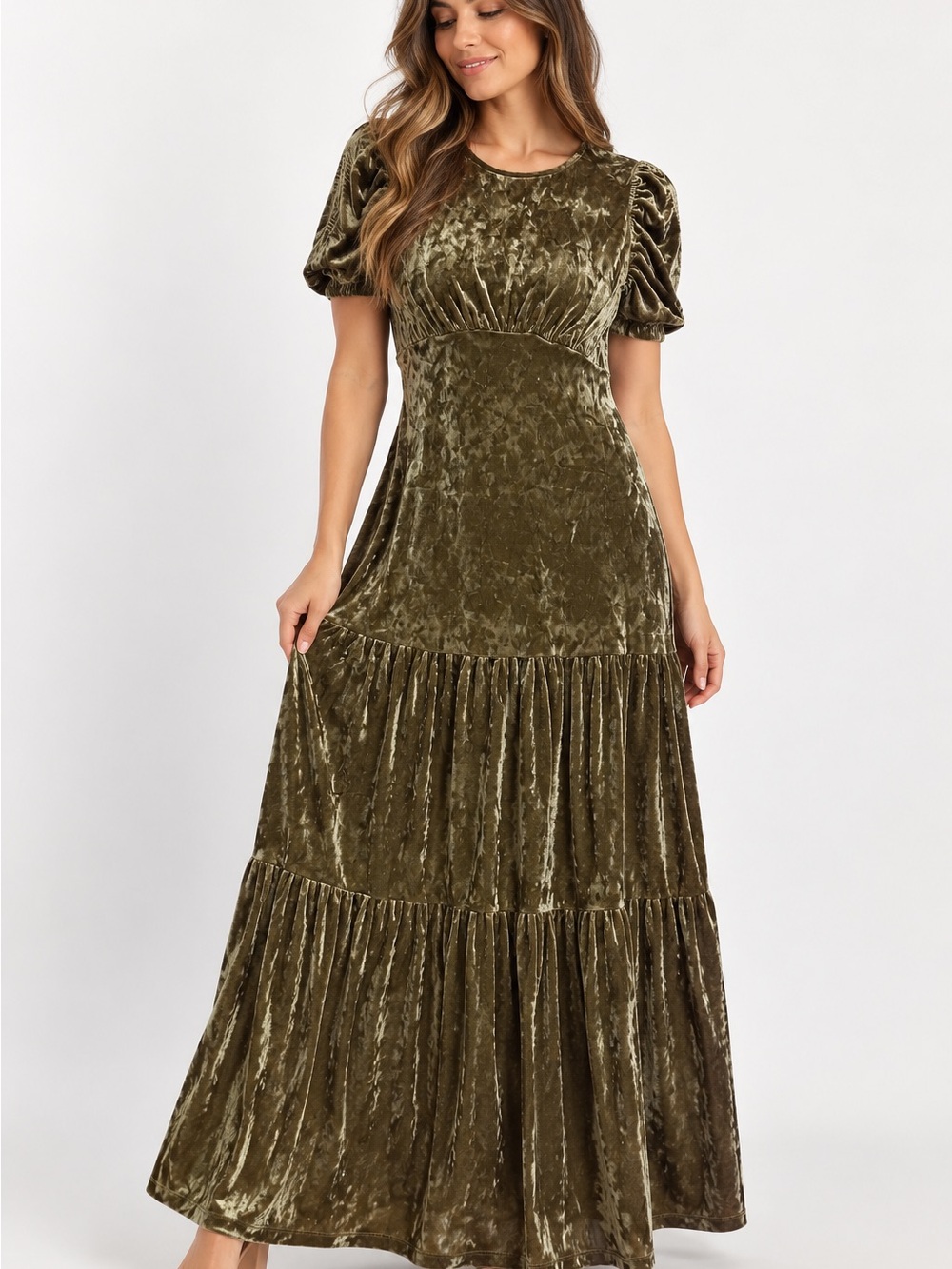Who What Wear Olive Green Velvet Tiered Maxi Dress
